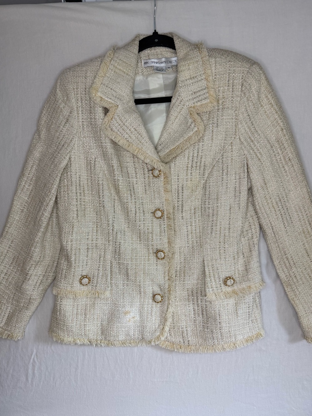 Anne Crimmins VTG 100% Silk Classic Cream Tweed Skirt Suit Size 14